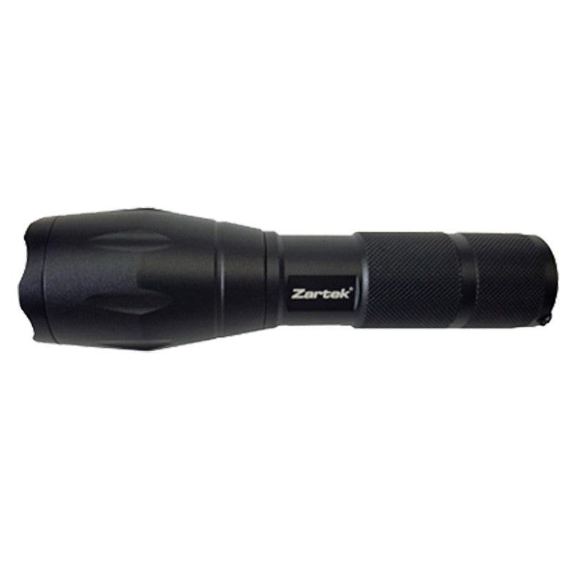 Zartek Extreme Bright Flashlight,
1000 Lm, 10W
Aluminium, Focus flood to spot, USB Rechargeable,
18650 battery 2200mAH, mains plug in charger, pouch, tactical back switch