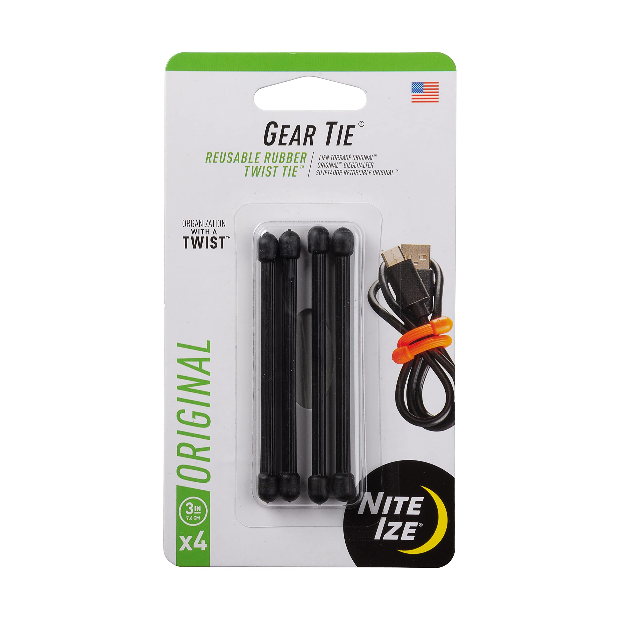 GEAR TIE REUSABLE RUBBER TWIST TIE 3 IN .- 4 PACK - BLACK
